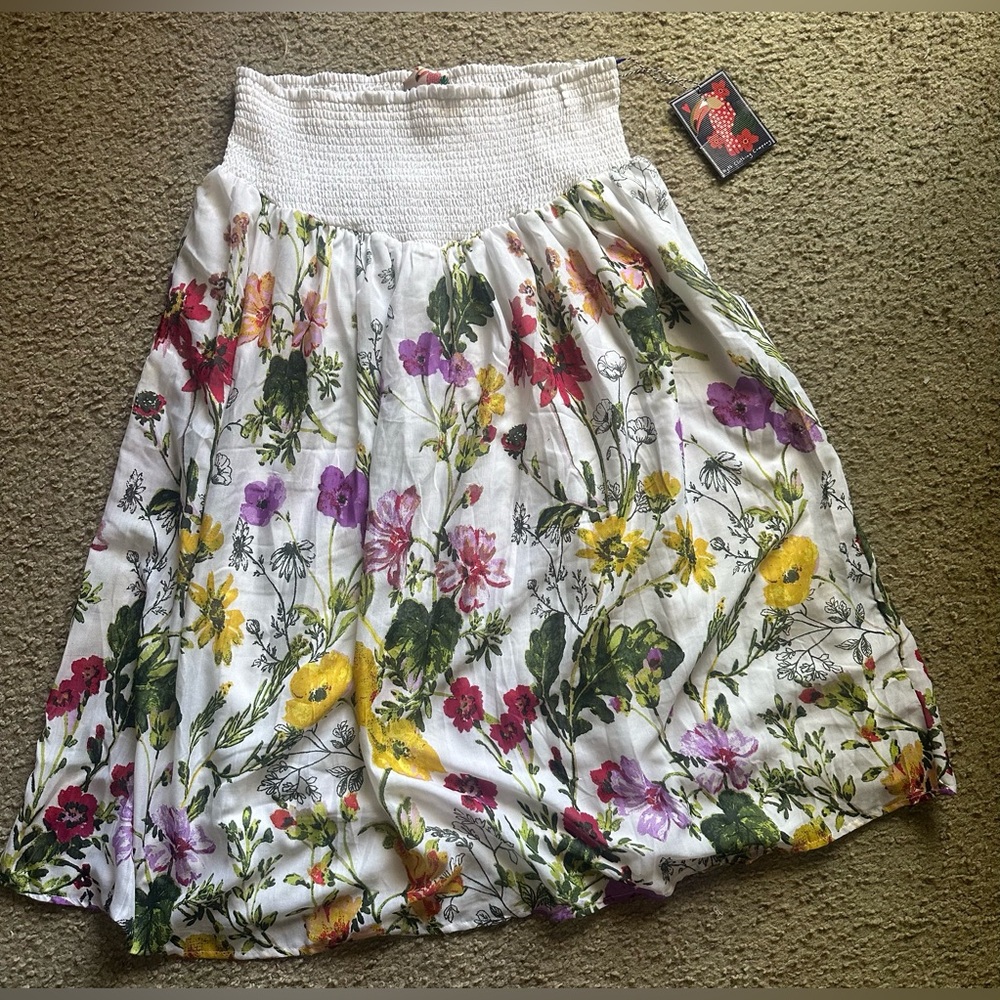 Truly 4 You White Floral Smocked-Waist Skater Skirt - Multi Color Size XL NWT